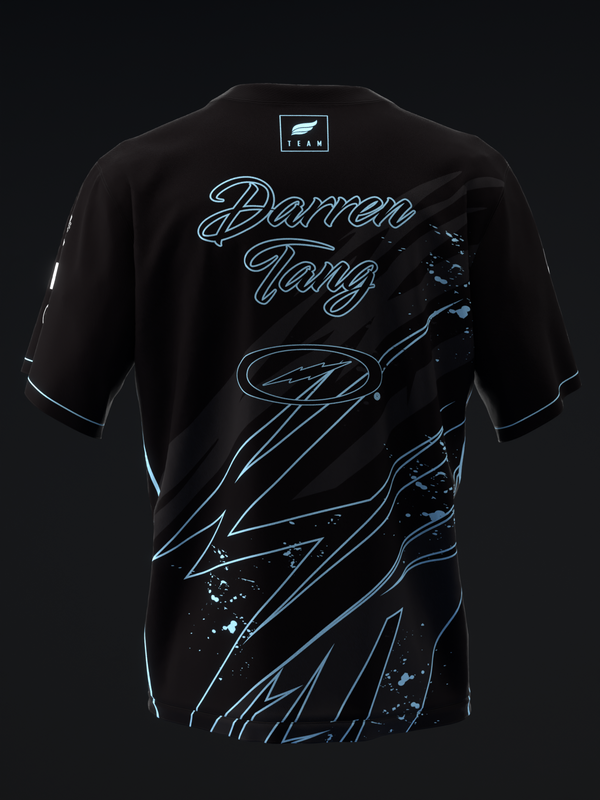 Black bowling jersey with cyan neon design and splatter graphic, back view