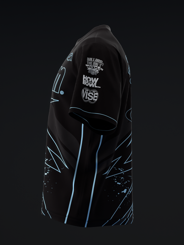Black bowling jersey with neon blue trim and abstract graphic design, front view