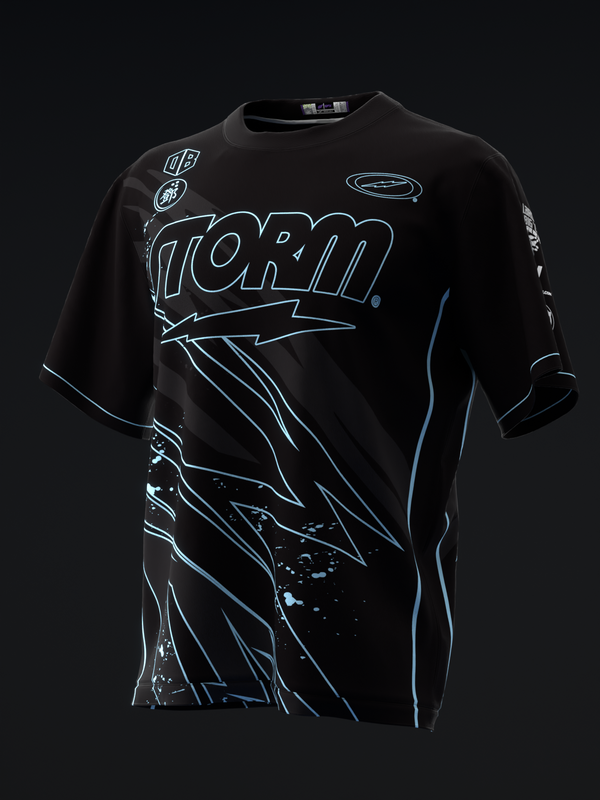 Black bowling jersey with neon blue outlined graphic design and text