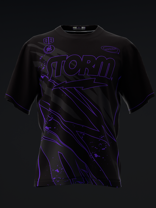 Black bowling jersey with neon purple storm graphic and outlined text