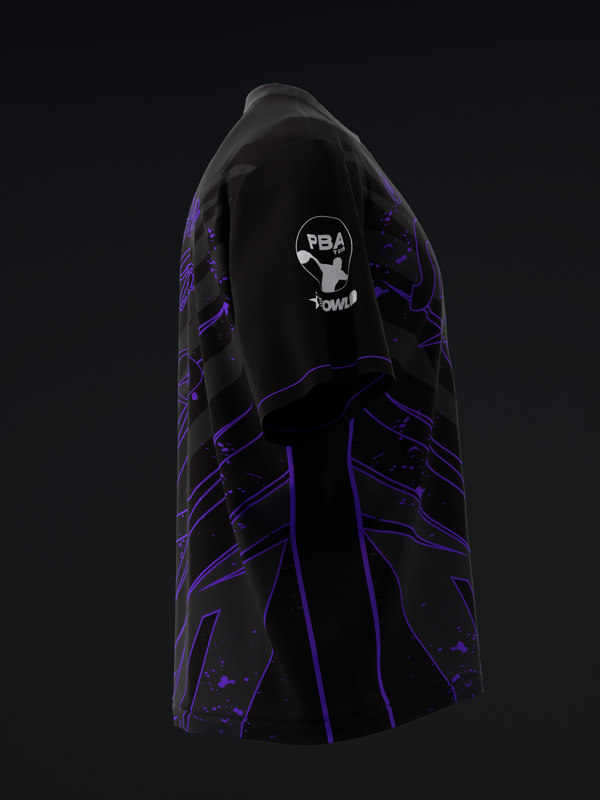 Black bowling jersey with neon purple circuit board graphic design, back view