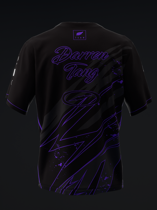 Black bowling jersey with purple neon script and graphic design on back