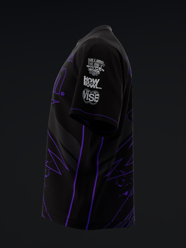 Black bowling jersey with neon purple geometric lines and graphics, front view