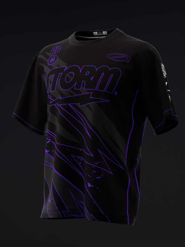 Black bowling jersey with purple neon outlined graphics and text, front view
