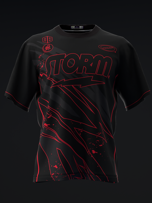 Black bowling jersey with red outlined storm graphic and text design, front view
