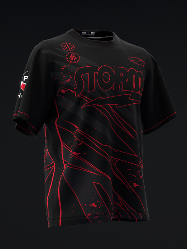 Black bowling jersey with red outline storm graphic and text design front view
