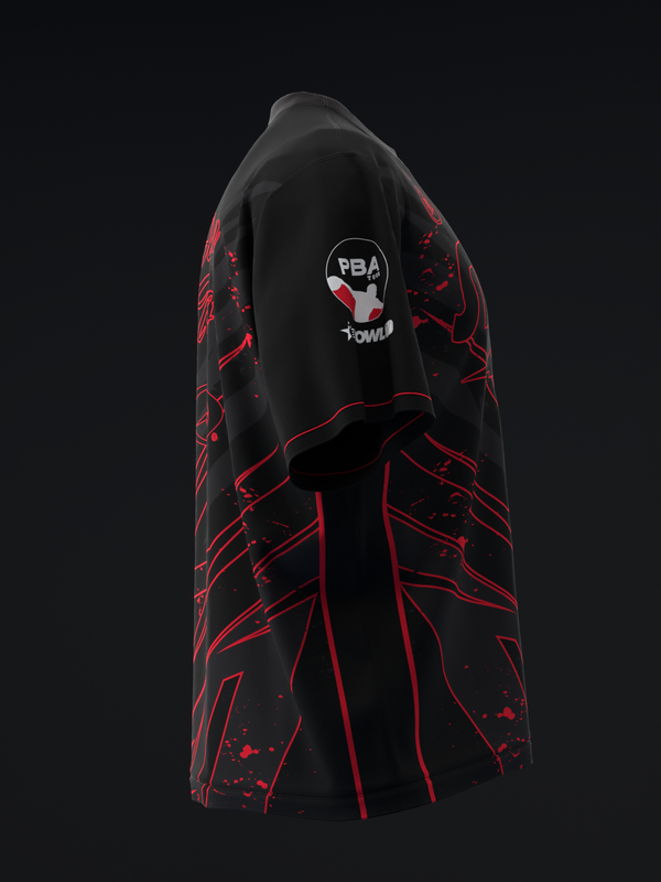 Black bowling jersey with red abstract line graphic and PBA logo on back