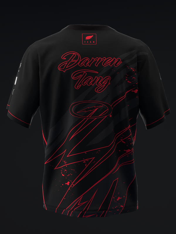 Black bowling jersey with red "Darren Tang" script and dynamic graphic design back view