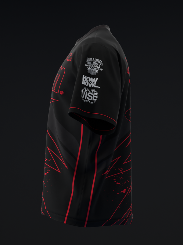 Black bowling jersey with red piping and graphic design, front view
