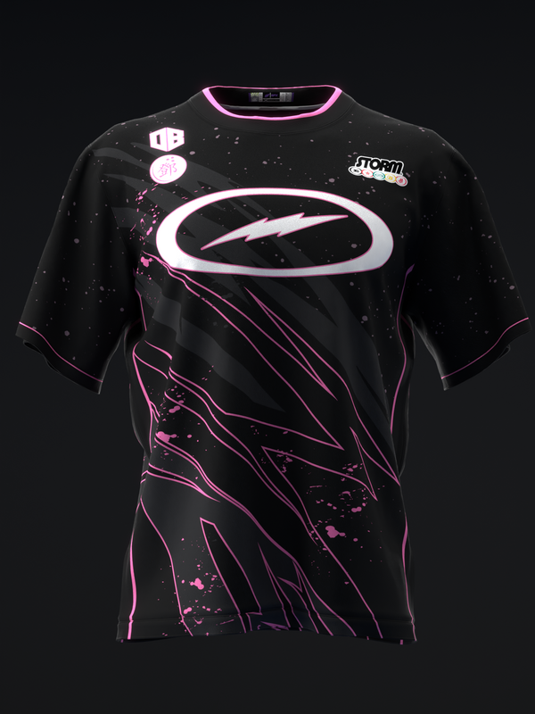 Black bowling jersey with pink and white lightning design and oval logo graphic