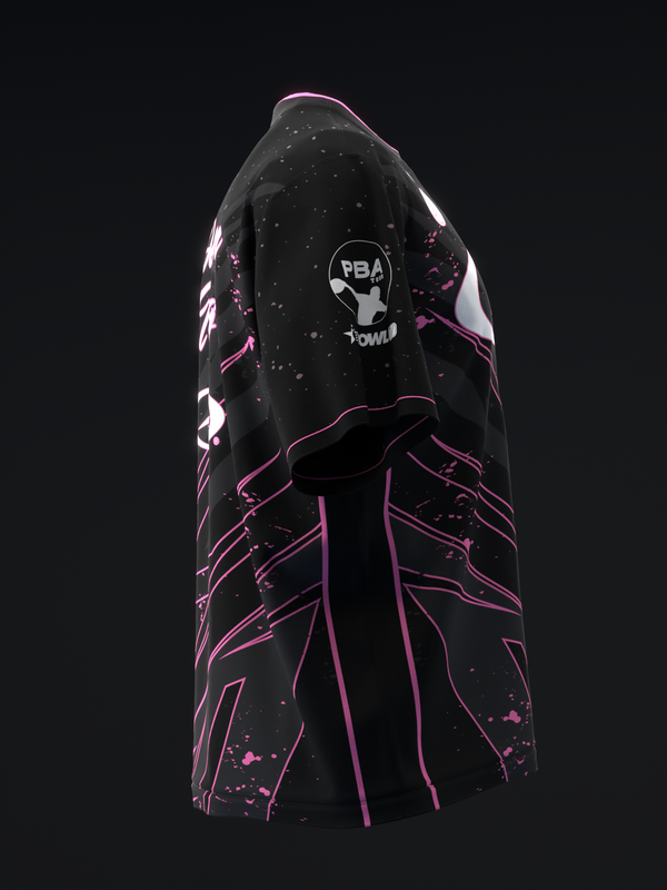 Black bowling jersey with pink lightning graphic design and white accents