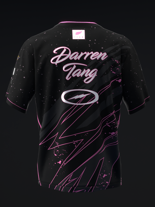 Black bowling jersey with pink lightning graphics and Darren Tang text, back view