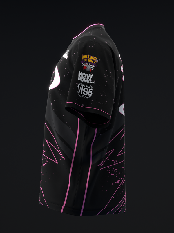 Black bowling jersey with pink and purple lightning design and graphic logos