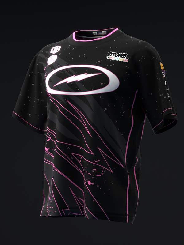 Black bowling jersey with pink and white lightning graphic design, front view