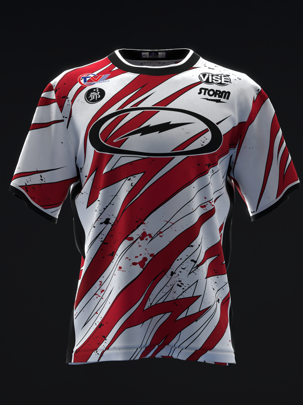 Red and white bowling jersey with dynamic diagonal stripe pattern and logo detail