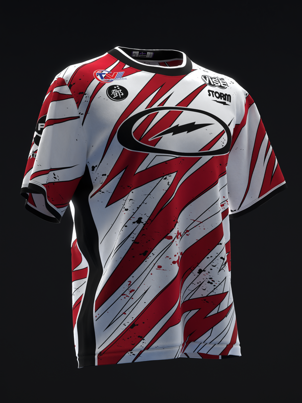 Red and white bowling jersey with diagonal striped pattern and black graphic design