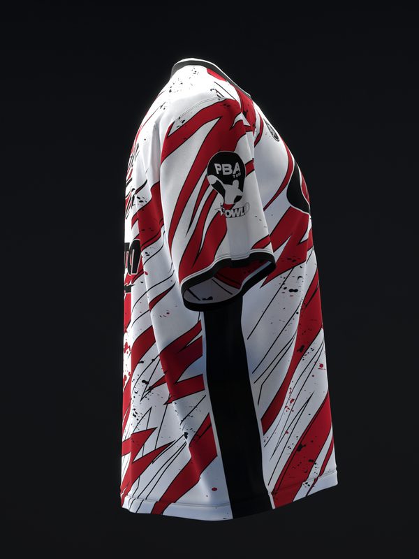 Red and white bowling jersey with geometric pattern and PBA logo, three-quarter view