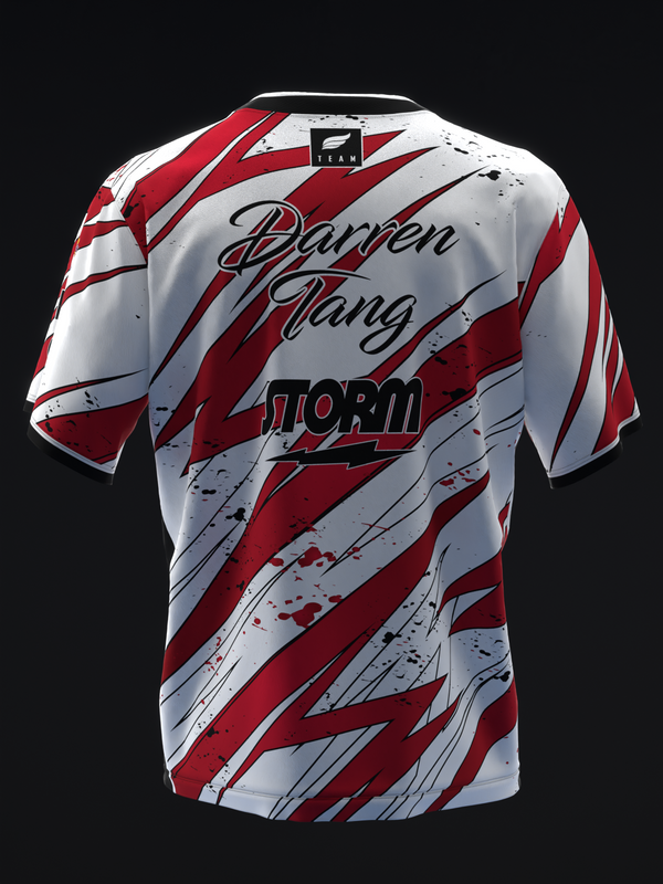 Red and white diagonal striped bowling jersey with distressed graphic text design, front view