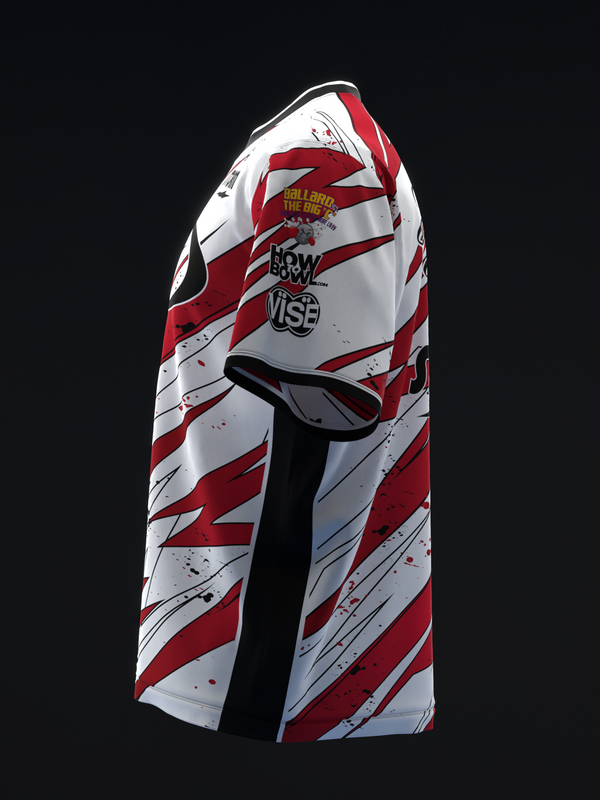 Red and white diagonal striped bowling jersey with graphic text and design elements