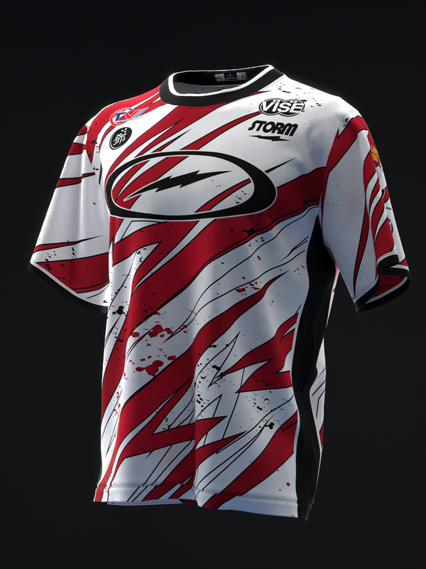 Red and white bowling jersey with abstract striped graphic design and logo