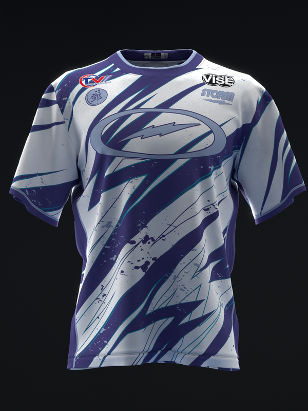 Bowling jersey with navy and white abstract streaked design, front view