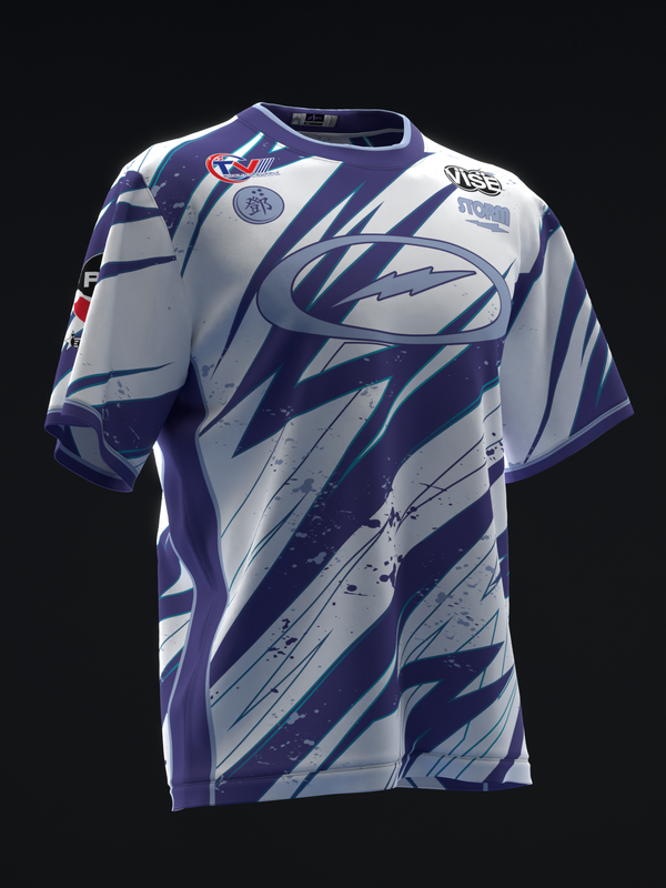 Navy and white bowling jersey with diagonal striped pattern and graphic design, front view