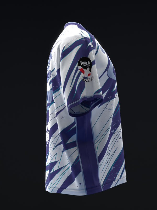 Purple and white bowling jersey with diagonal geometric pattern and PBA logo