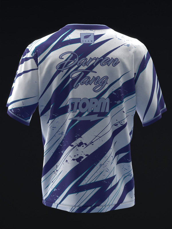 White and navy bowling jersey with diagonal striped pattern and script text