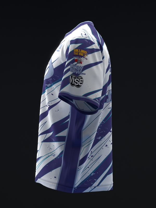 White and purple bowling jersey with diagonal stripe pattern and logo graphics, front view