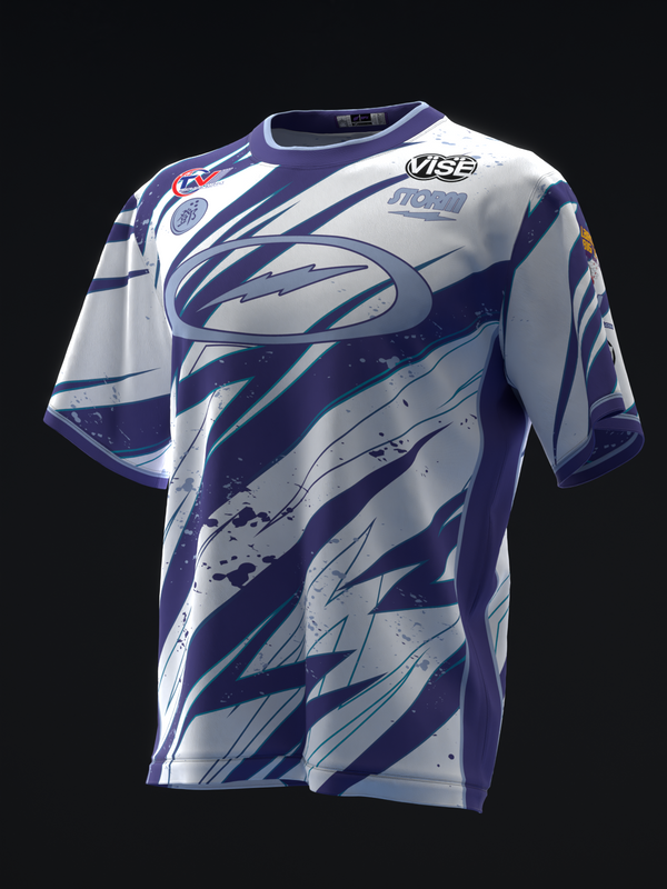 Navy and white bowling jersey with abstract striped graphic design, front view