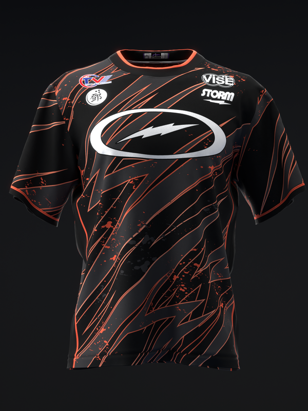 Black bowling jersey with orange lightning pattern and white oval logo design
