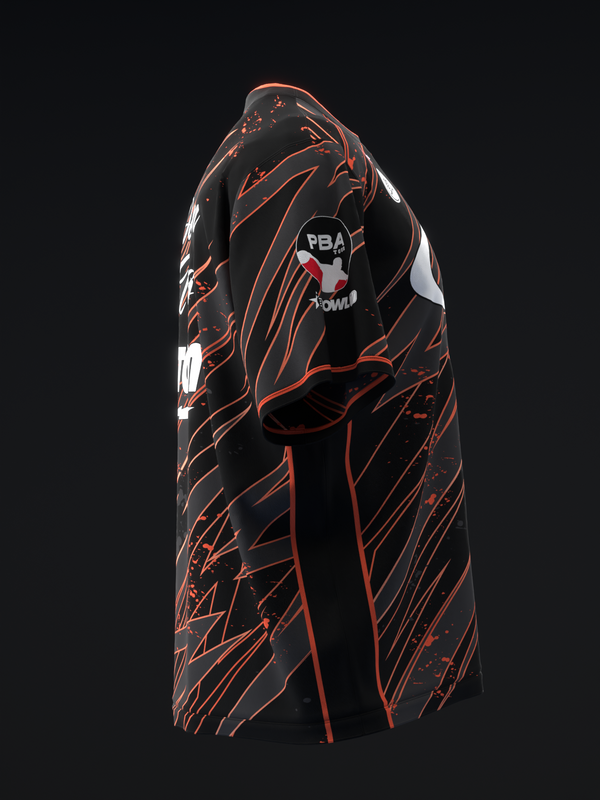 Black bowling jersey with red and orange abstract line design and PBA logo, side view