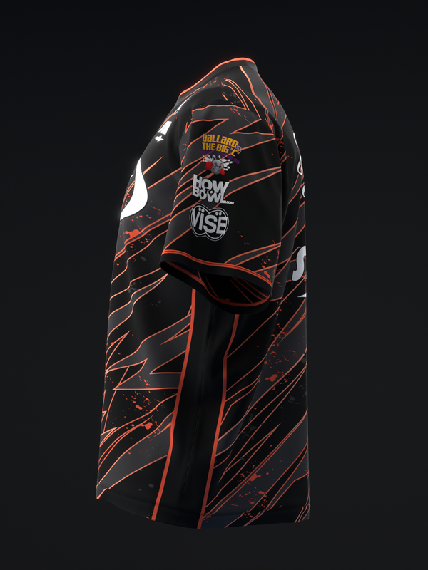 Black bowling jersey with orange lightning pattern and graphic text design