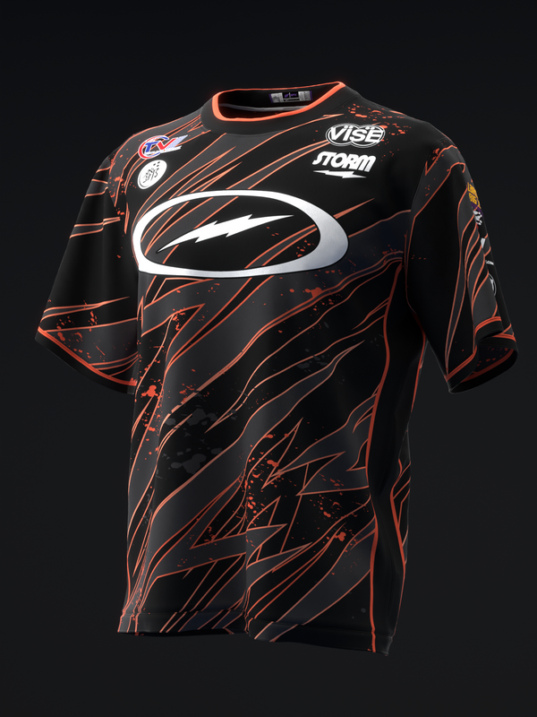 Black bowling jersey with orange and white lightning bolt graphic and Vibe Storm text