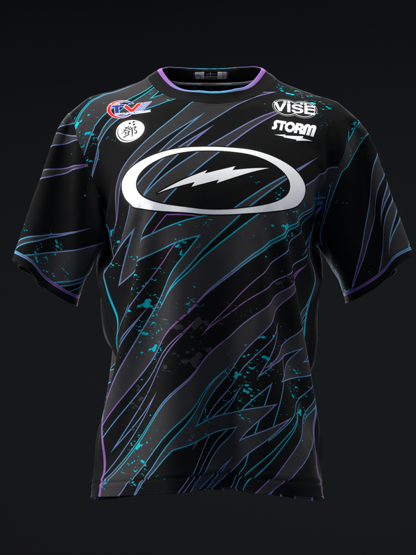 Black bowling jersey with cyan and purple streaked pattern and white oval logo