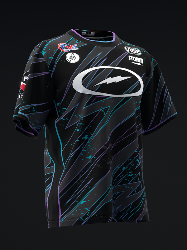 Black bowling jersey with cyan and purple streaked pattern and white logo