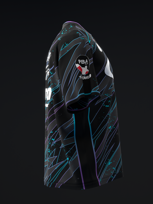 Black bowling jersey with cyan and purple abstract line graphic design, front view