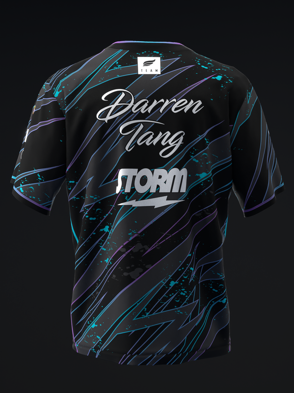 Black bowling jersey with cyan and purple abstract streaks and Darren Tang Storm text