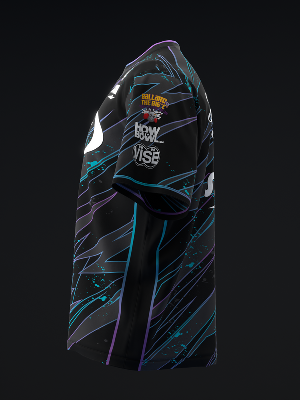 Black bowling jersey with cyan and purple abstract lines and text graphics, front view