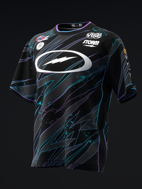 Black bowling jersey with cyan and purple streaked design and white oval logo