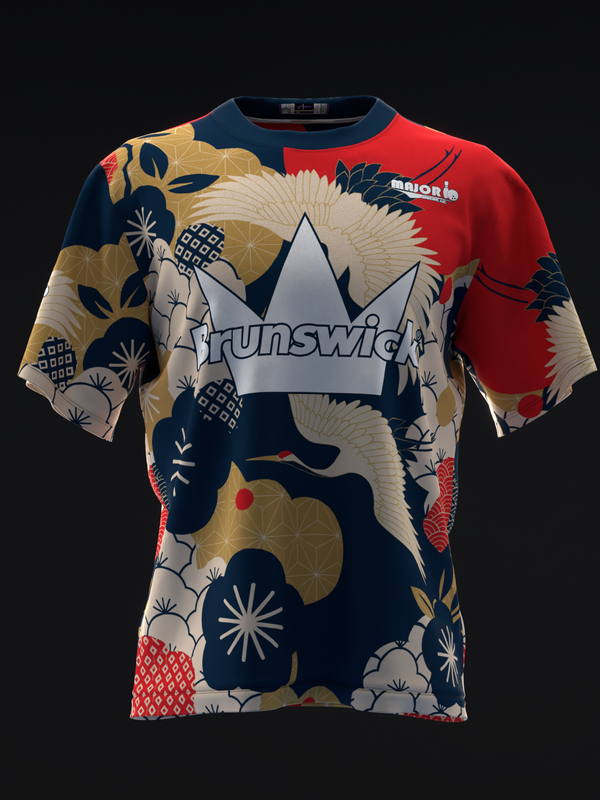 Brunswick bowling jersey front with crane and floral design in navy, red, and gold