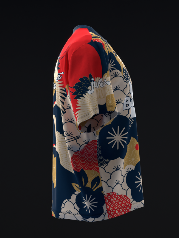 Bowling jersey with red yoke, navy and cream patchwork crane and floral pattern