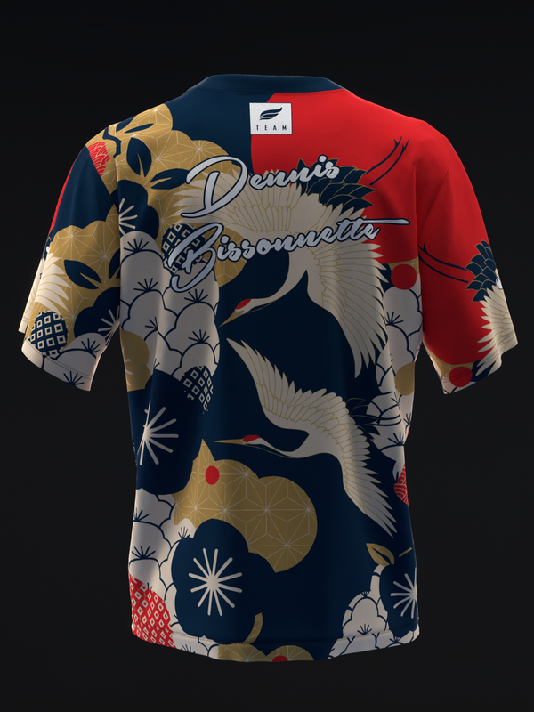 Bowling jersey front view with crane and floral pattern in navy, gold, red, and white