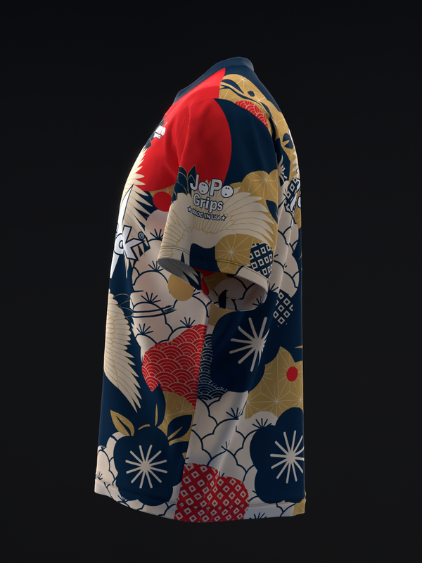 Bowling jersey with navy, red, and tan Japanese crane and floral pattern