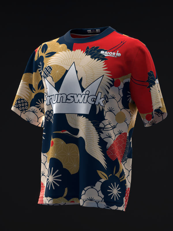 Brunswick bowling jersey with crane and floral pattern in navy, red, and gold