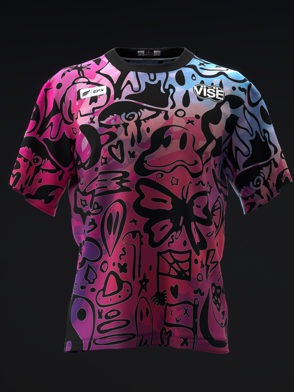 Front view of colorful bowling jersey with vibrant doodle pattern and gradient design