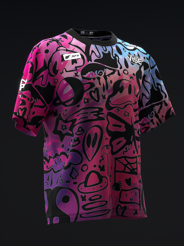 Black bowling jersey with vibrant pink, purple, and blue doodle pattern throughout, front view