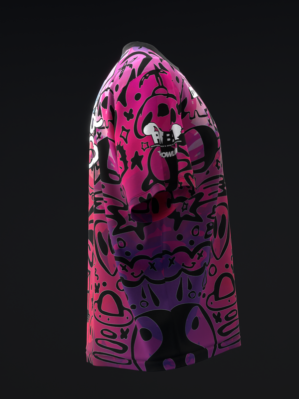 Hot pink bowling jersey with black doodle pattern and gradient effect
