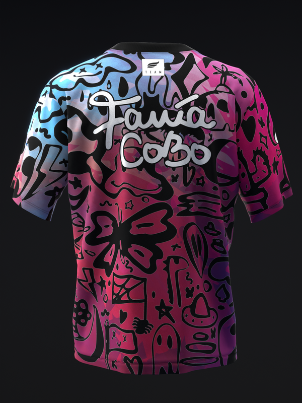 Colorful gradient bowling jersey with black doodle pattern and script text overlay