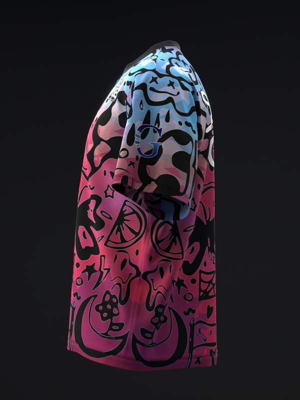 Bowling jersey with gradient doodle pattern, pink to blue, side view